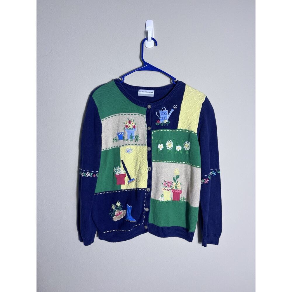 Alfred Dunner Cardigan Sweater Size S Garden Flowers Colorblock Blanket Stitch